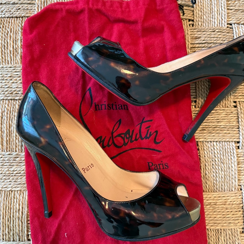 Christian Louboutin Glossy Tortoise Peep Toe Heels